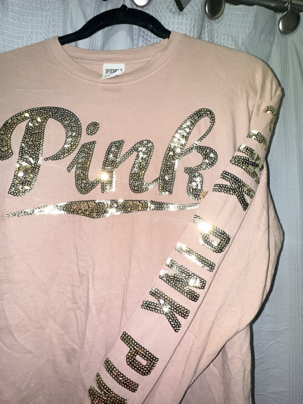 PINK Sequin Logo Long-Sleeve Top — Blush Pink